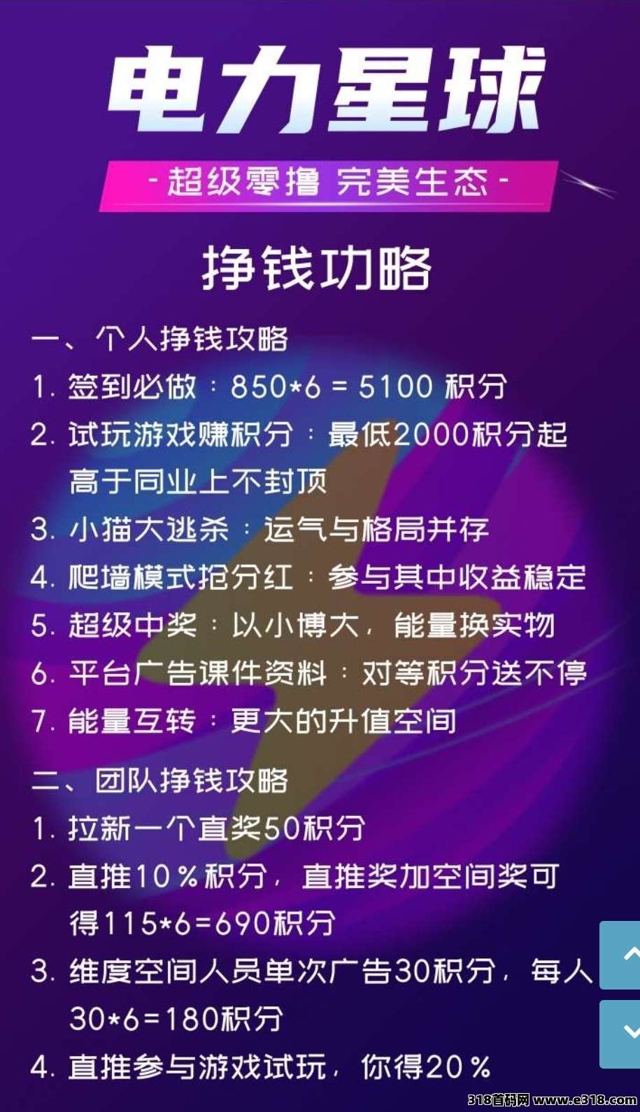 电力星球！每日广告可获得个人收益以及9维空间收益